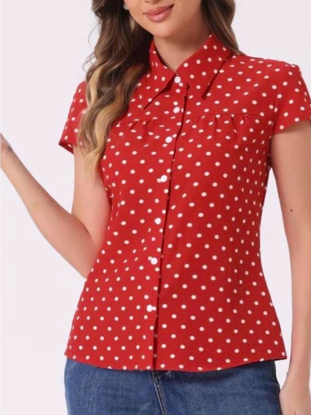 New Look Red Polka Dot Short Sleeve Button-Down Shirt. Size X-LARGE